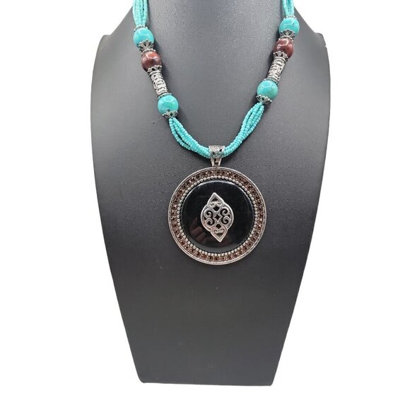 Faux Turquoise Large Pendant Necklace Runway Style Silver Tone 21" Beaded Chain - Picture 2 of 16